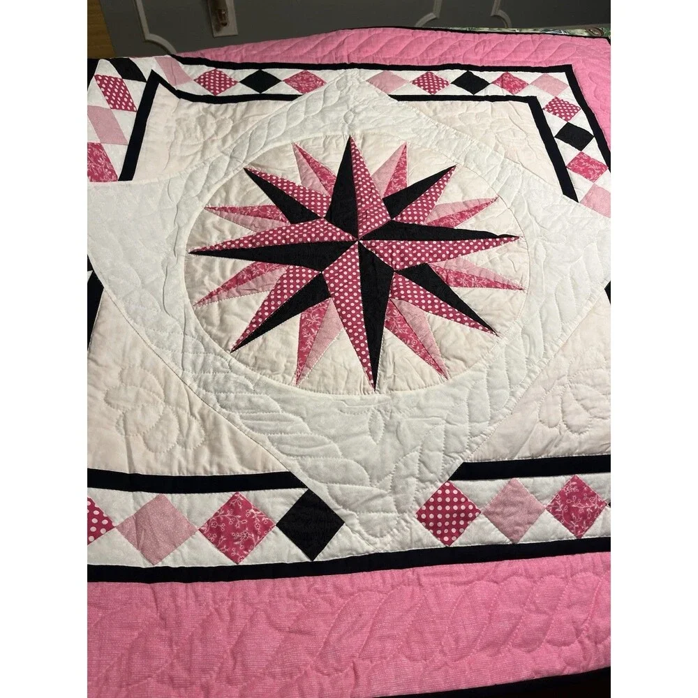Hand Sewn Mariner’s Compass Black Pink White 45x45” Wall Hanging Lap Blanket